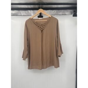 Lida Collection Womens XXL/XXXL Beige Peasant Top 3/4 Flutter Sleeve V Neck
